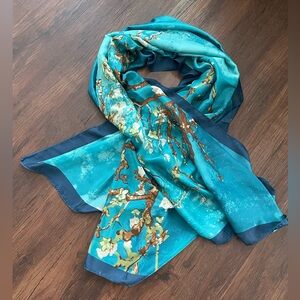 AmaWaterways 100% Silk Scarf/Wrap Van Gogh Almond Blossoms Turquoise 70”x35” EUC